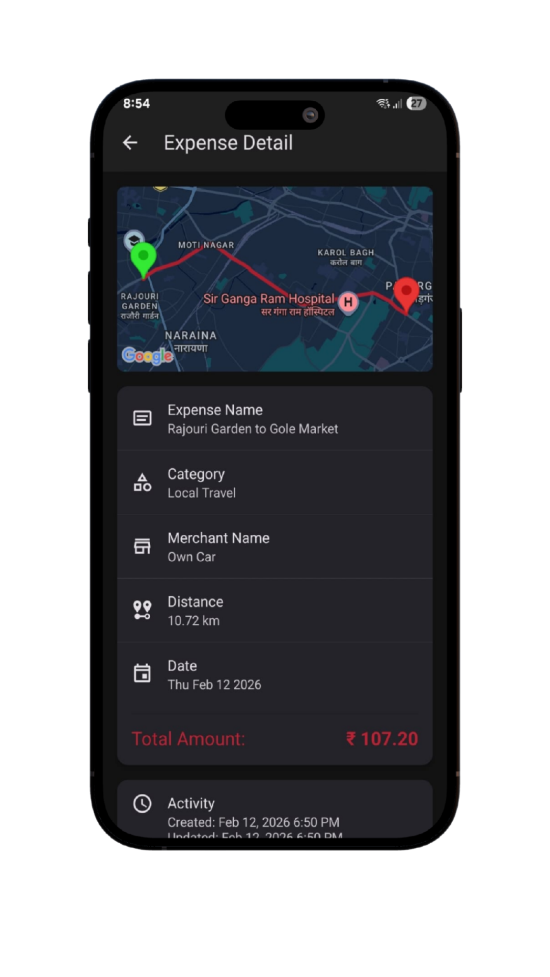Travilo app mileage expense detail screen